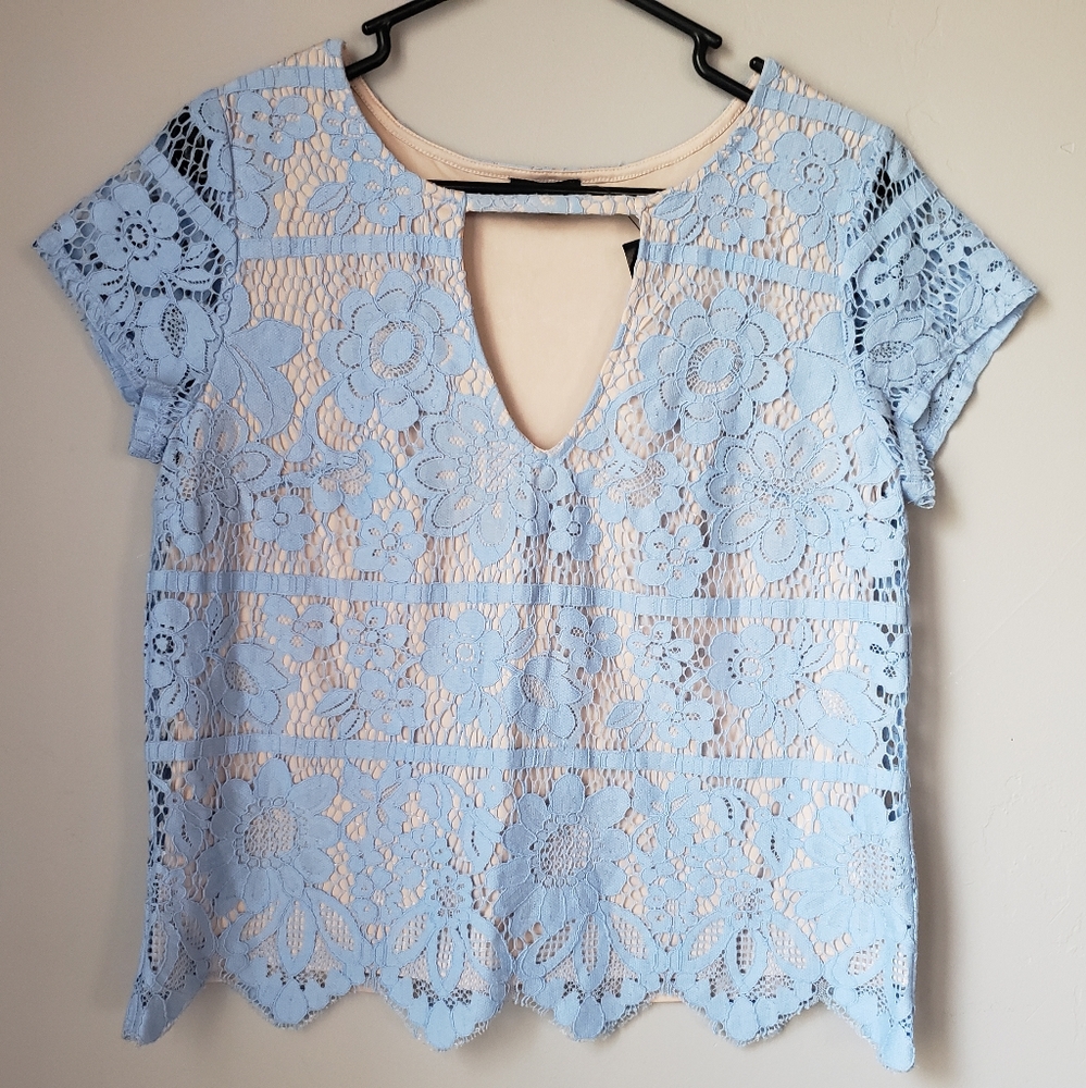 Express Blue Lace Overlay Top Size Small Petite NWT
